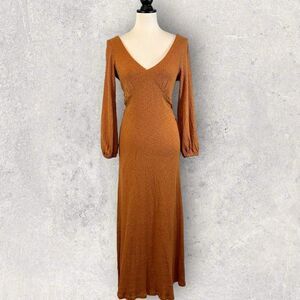 Free People Rust Brown Long Sleeve V-Neck Maxi Dress